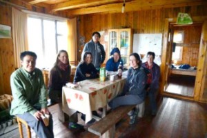 Scientists currently in Kytalyk, joining for a beer on Saturday evening after the bania (from left to right): Pen Wang (Wageningen University), Inge Juszak (UZH), Maitane Iturrate (UZH), Bingxi Li (WU), Angela Gallagher (VU Amsterdam), Gabriela Schaepman-Strub (UZH), Monique Heijmans (WU) (Photo: Bingxi Li, July 2013).