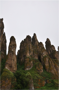 The Lena pillars are located within several kilometers along the Lena river, and are partially covered with vegetation which makes them very special. We walked up to the top at one point (about 2 km path, quite steep ;-), felt like walking through a rain forest as the air was very humid, lots of mosses and lichens on the floor and trees. Photo: M. Schaepman, July 2013.